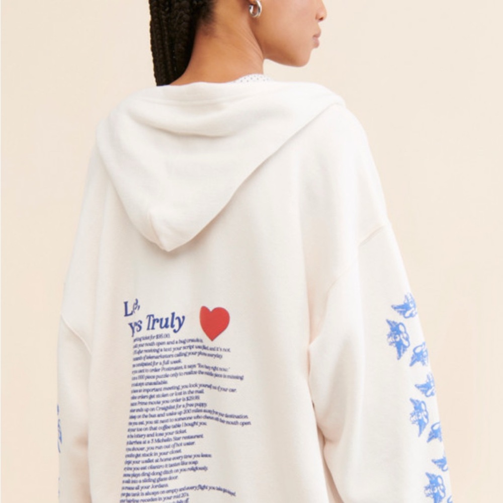 Oversized Cream Graphic Hoodie with Blue Sleeve Designs